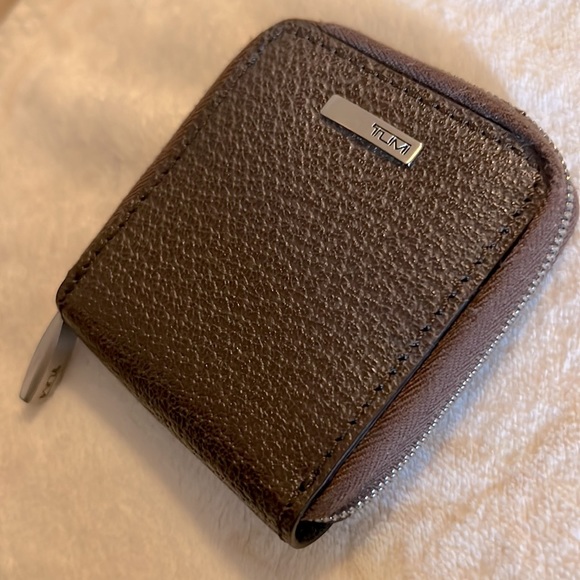 Vintage Tumi Zip Around Coin Purse Change Pouch Zippered Brown Textured Leather